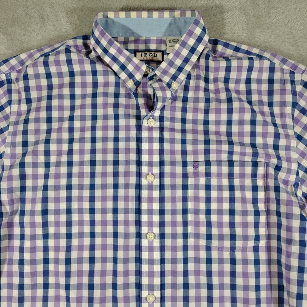 Izod Shirt Men‎ L Blue/Purple Plaid Office Nerd Preppy College Dad Classic